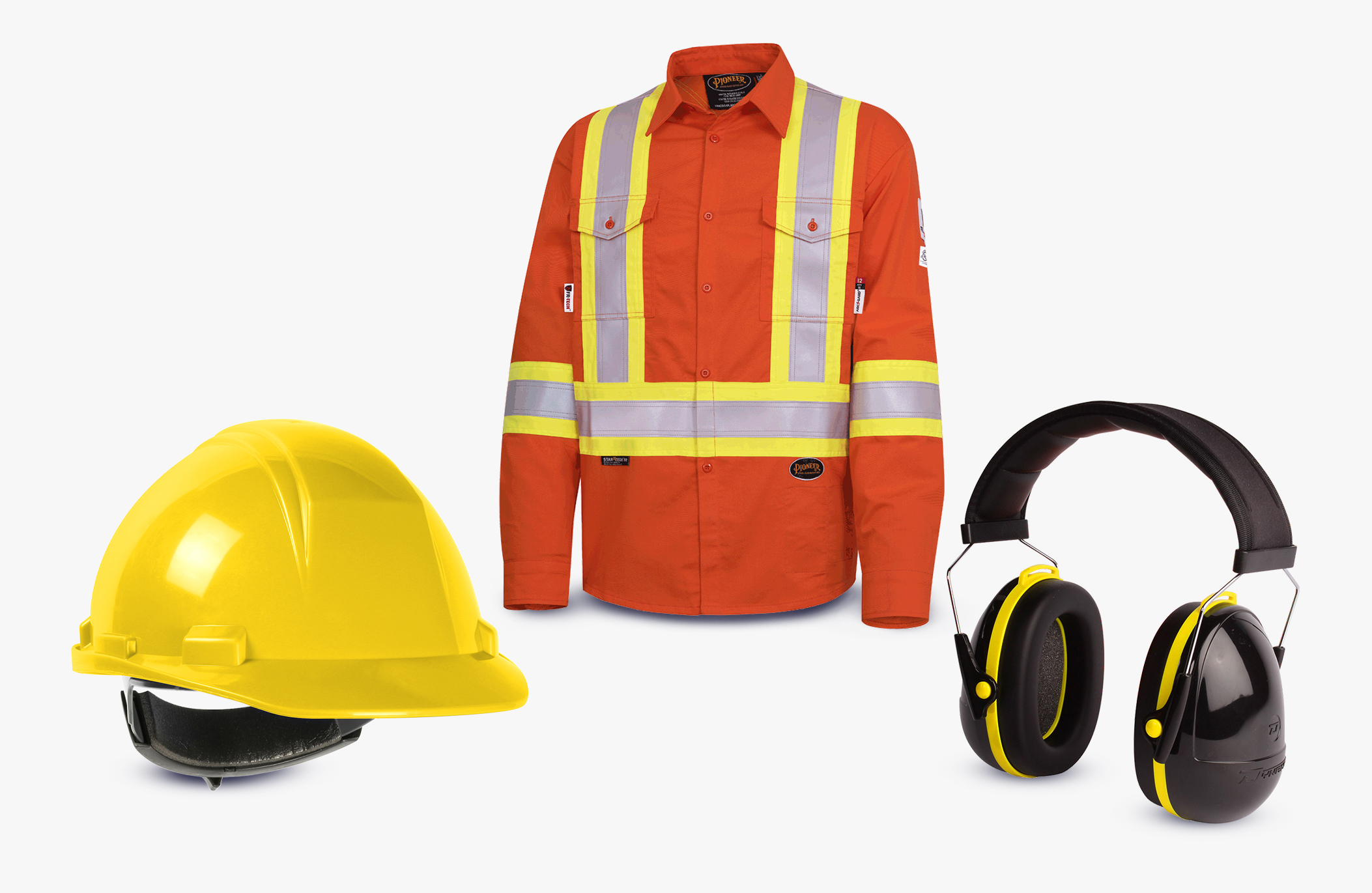 hard hat, orange safety vest and ear protection