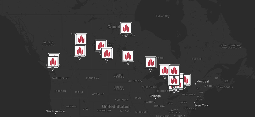 Weber locations across Canada marked with weber leaf logos